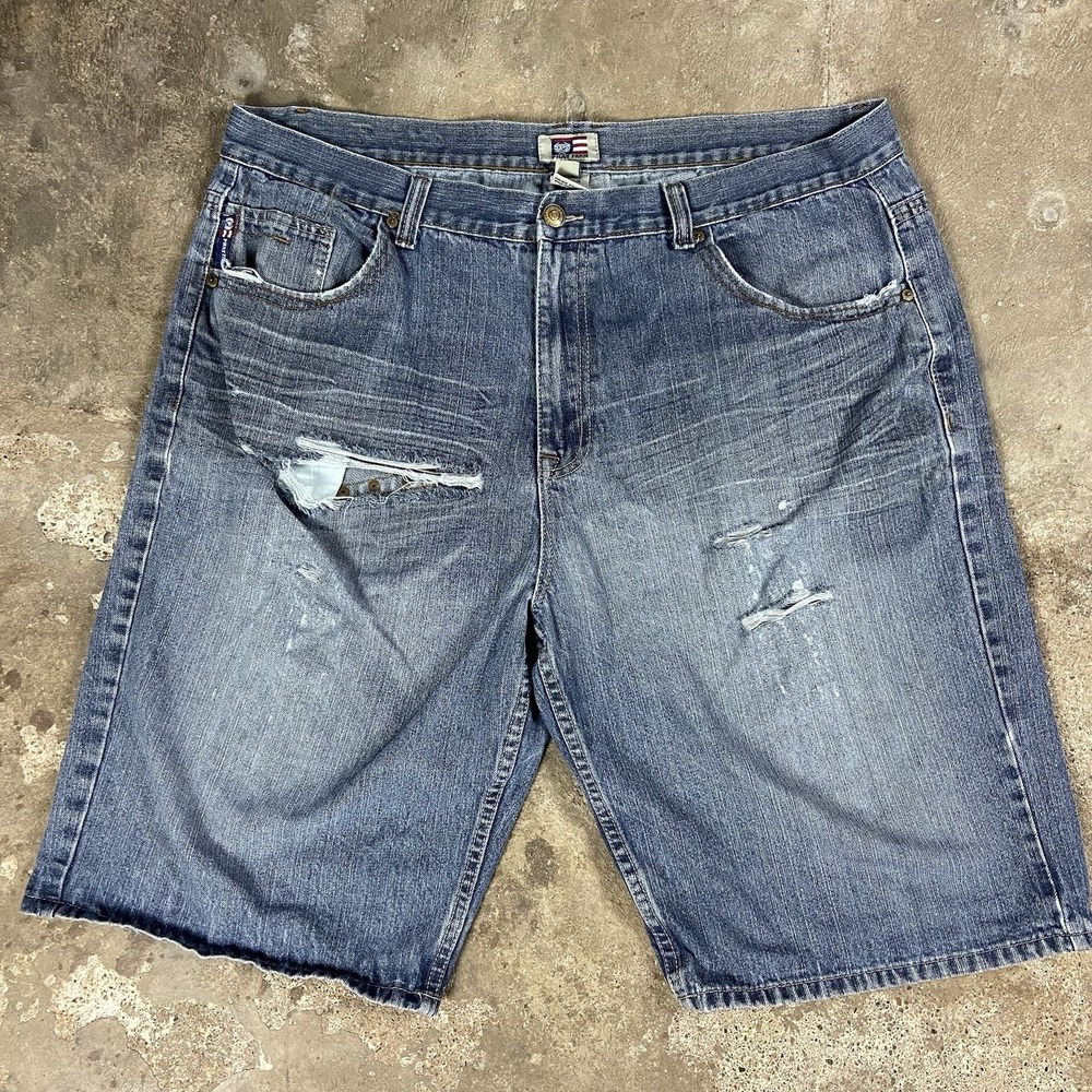 Vintage 90s Phat Farm Jean Shorts Size 42 Blue Denim Medium Wash Distressed